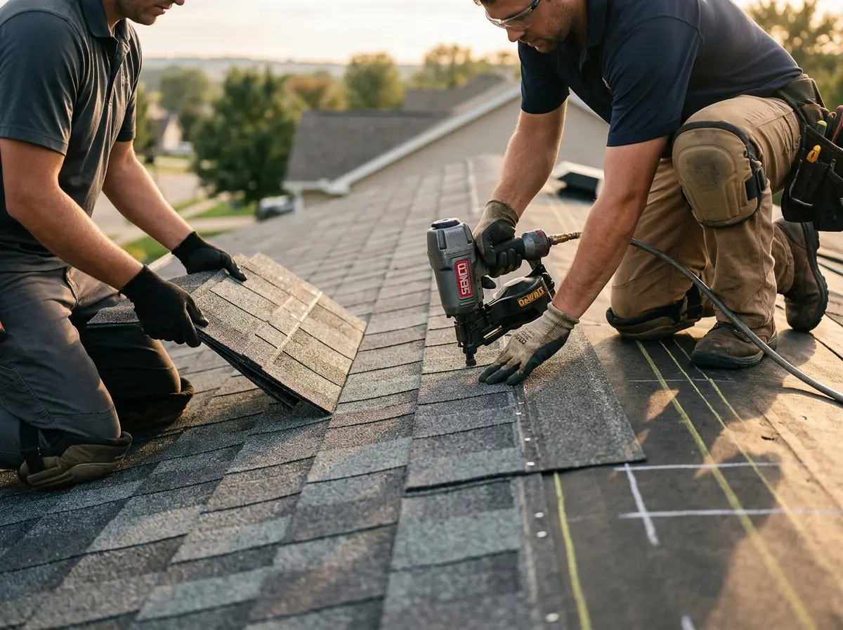 Professional roofer working on a residential roof in Leawood